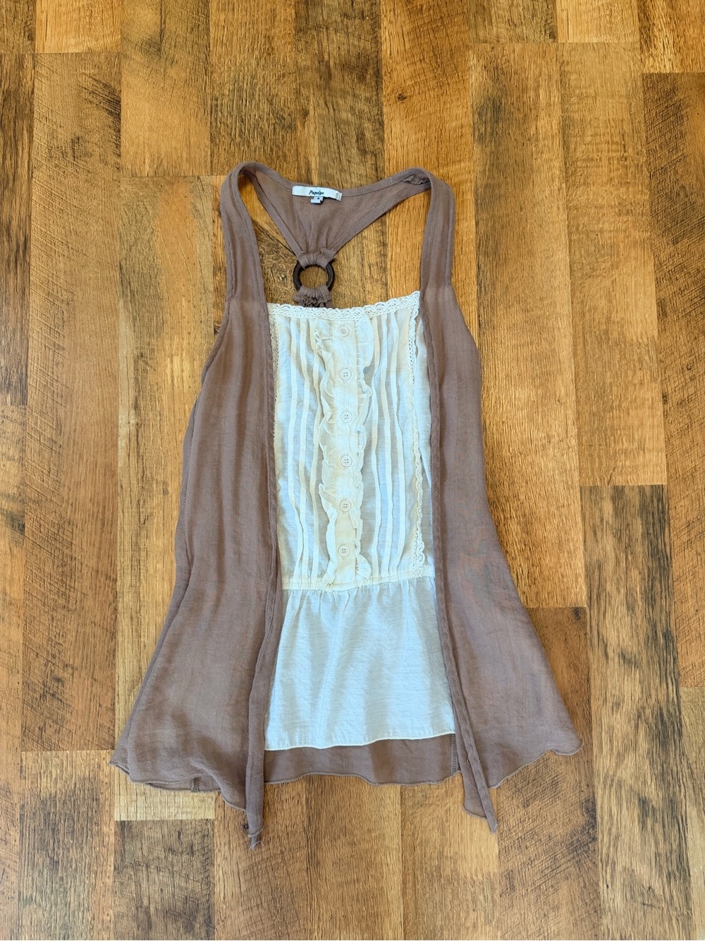 Y2K Papaya Brown & Cream Lace-Front Sleeveless Top